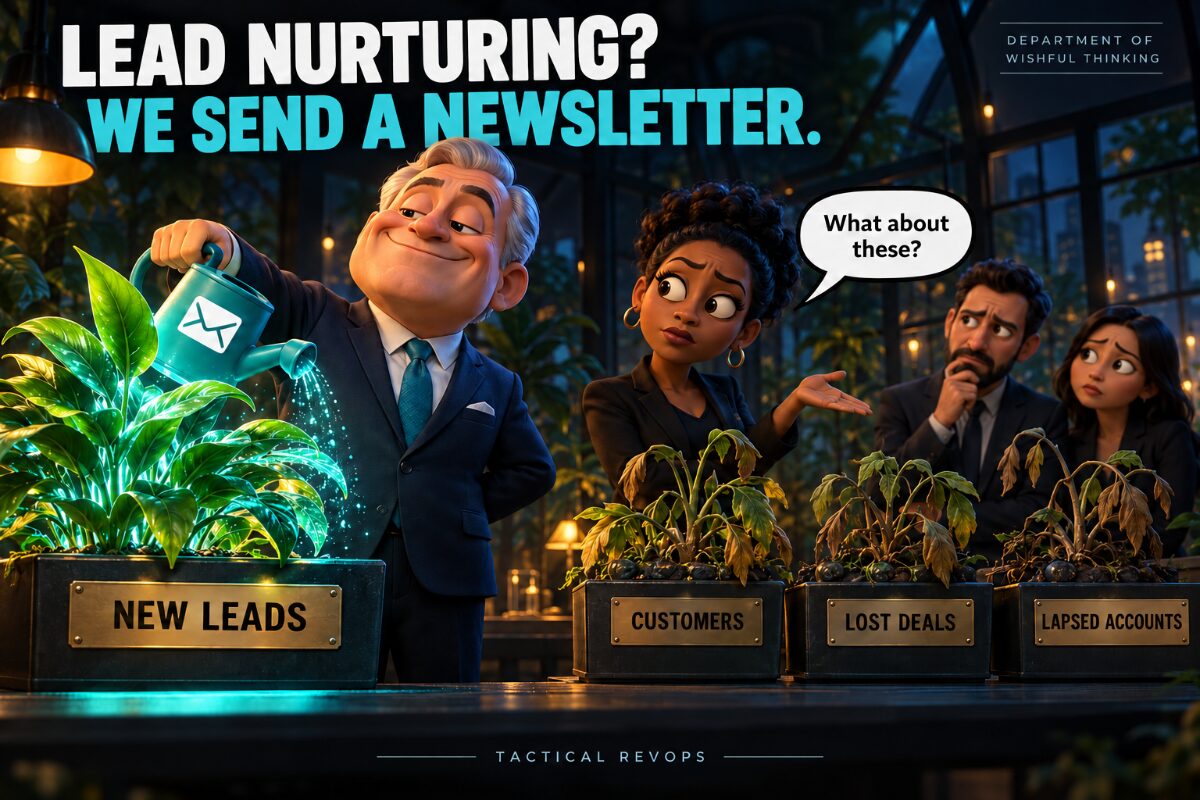 A cartoon executive waters a thriving plant labeled “New Leads” while plants labeled “Customers,” “Lost Deals,” and “Lapsed Accounts” wilt beside it. A colleague asks, “What about these?”